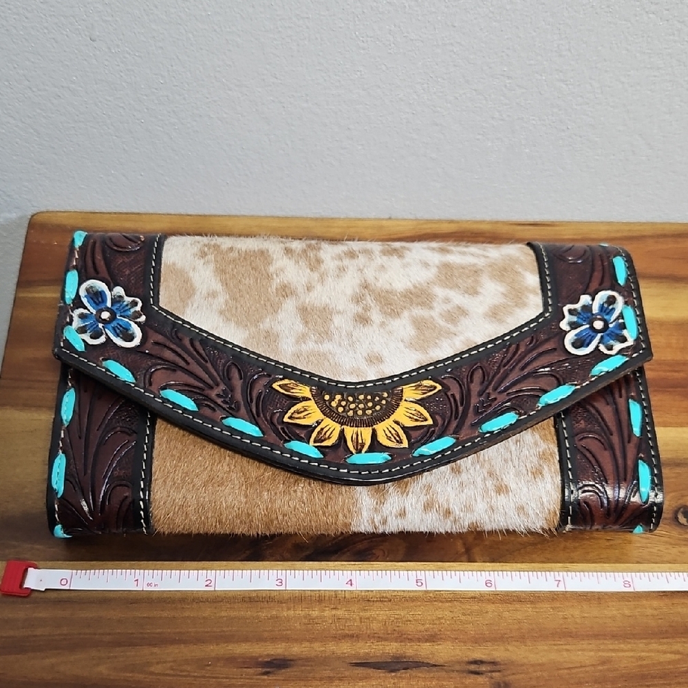 Handmade Western Calf Hair Sunflower Tooled Leather Country Clutch Wallet Bifold - Picture 5 of 10